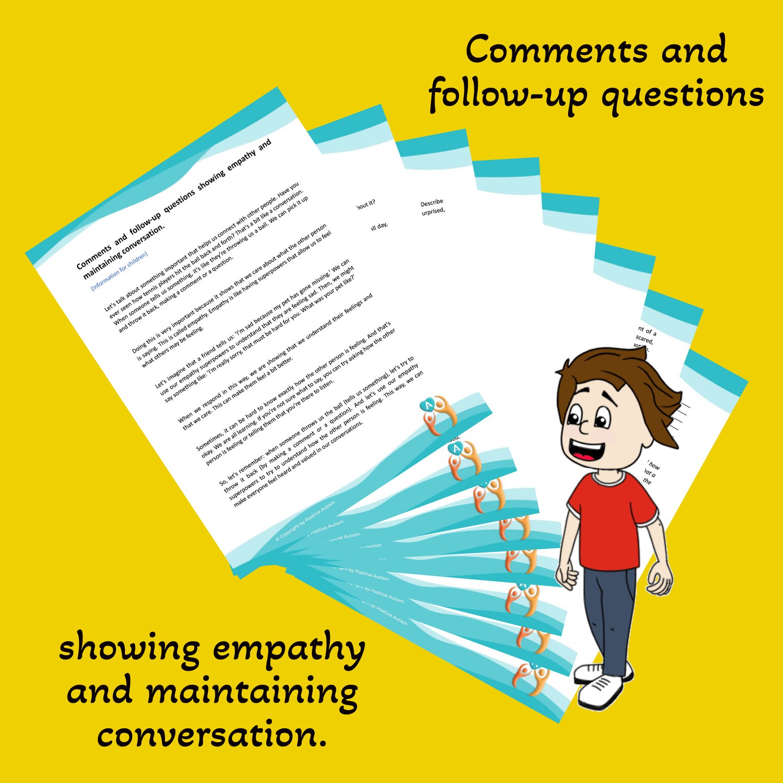 Comentarios y preguntas de seguimiento que muestren empatía y mantengan la conversación. (Hojas de trabajo para enseñar habilidades de conversación a niños autistas)