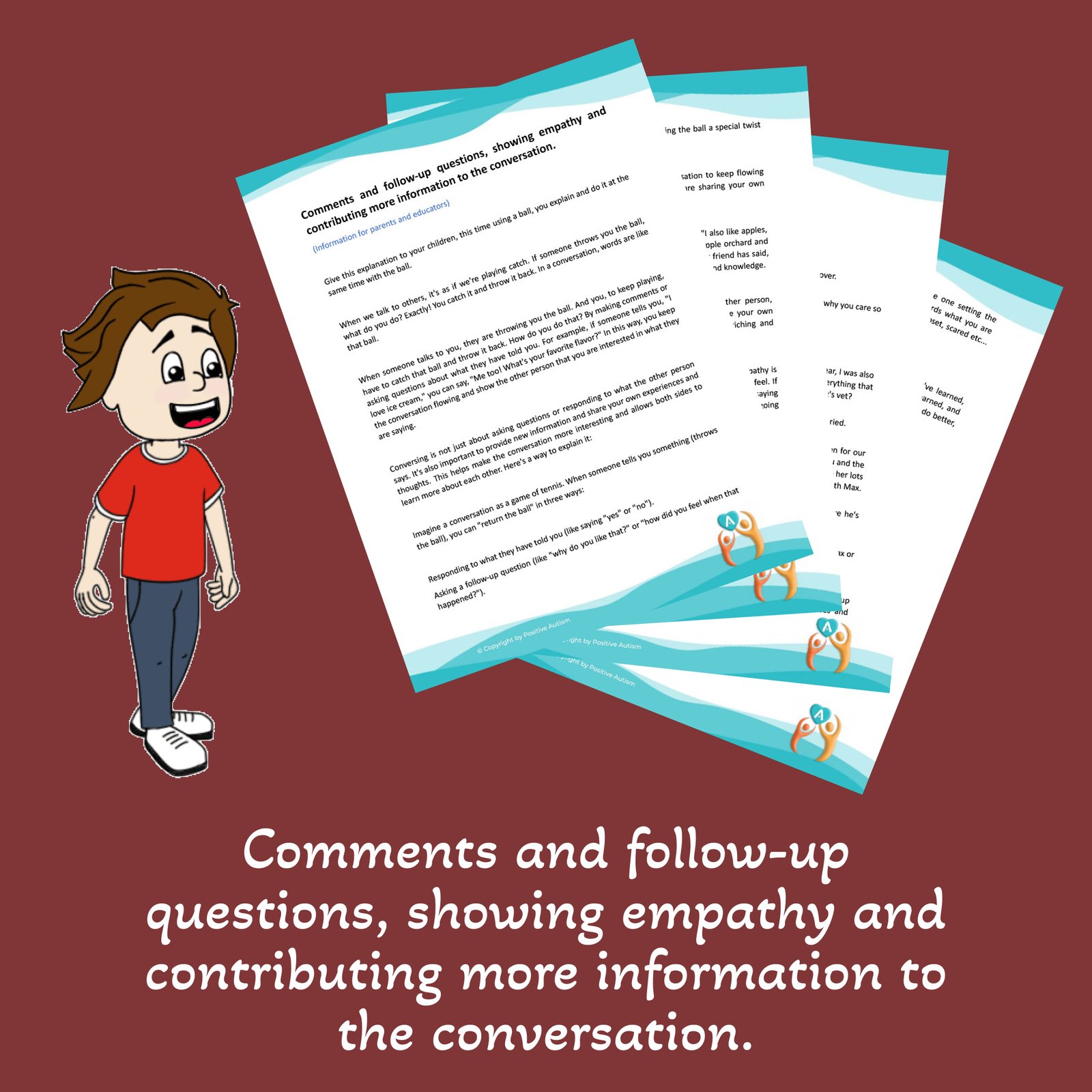 Comentarios y preguntas de seguimiento, mostrando empatía y aportando más información a la conversación. (Hojas de trabajo para enseñar habilidades de conversación a niños autistas)