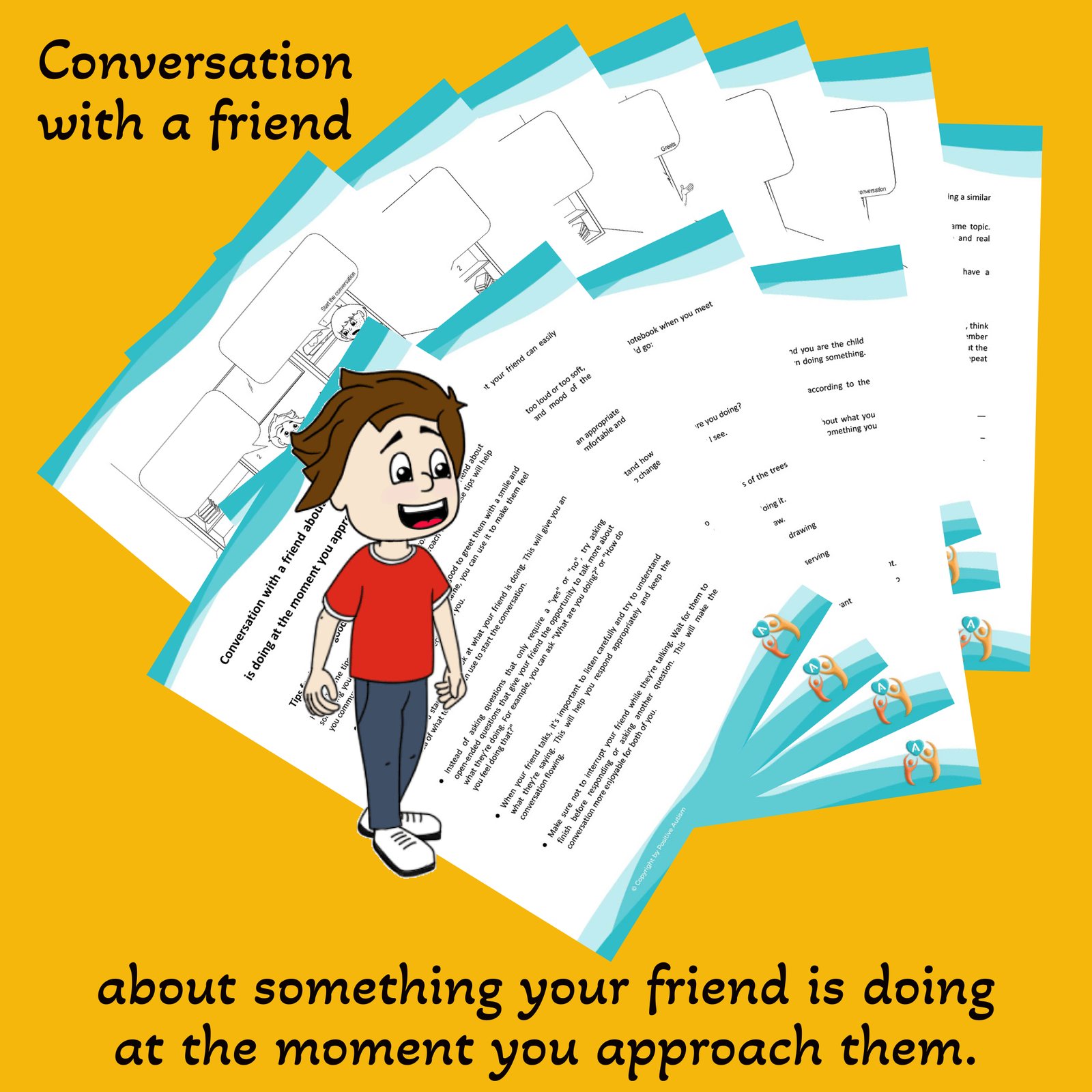 Conversación con un amigo sobre algo que tu amigo está haciendo en el momento en que te acercas a él. (Hojas de trabajo para enseñar habilidades de conversación a niños autistas)
