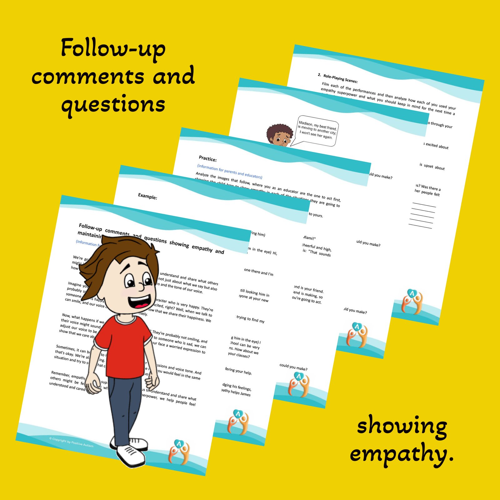 Comentarios y preguntas de seguimiento que muestren empatía y mantengan la conversación. (Hojas de trabajo para enseñar habilidades de conversación a niños autistas)