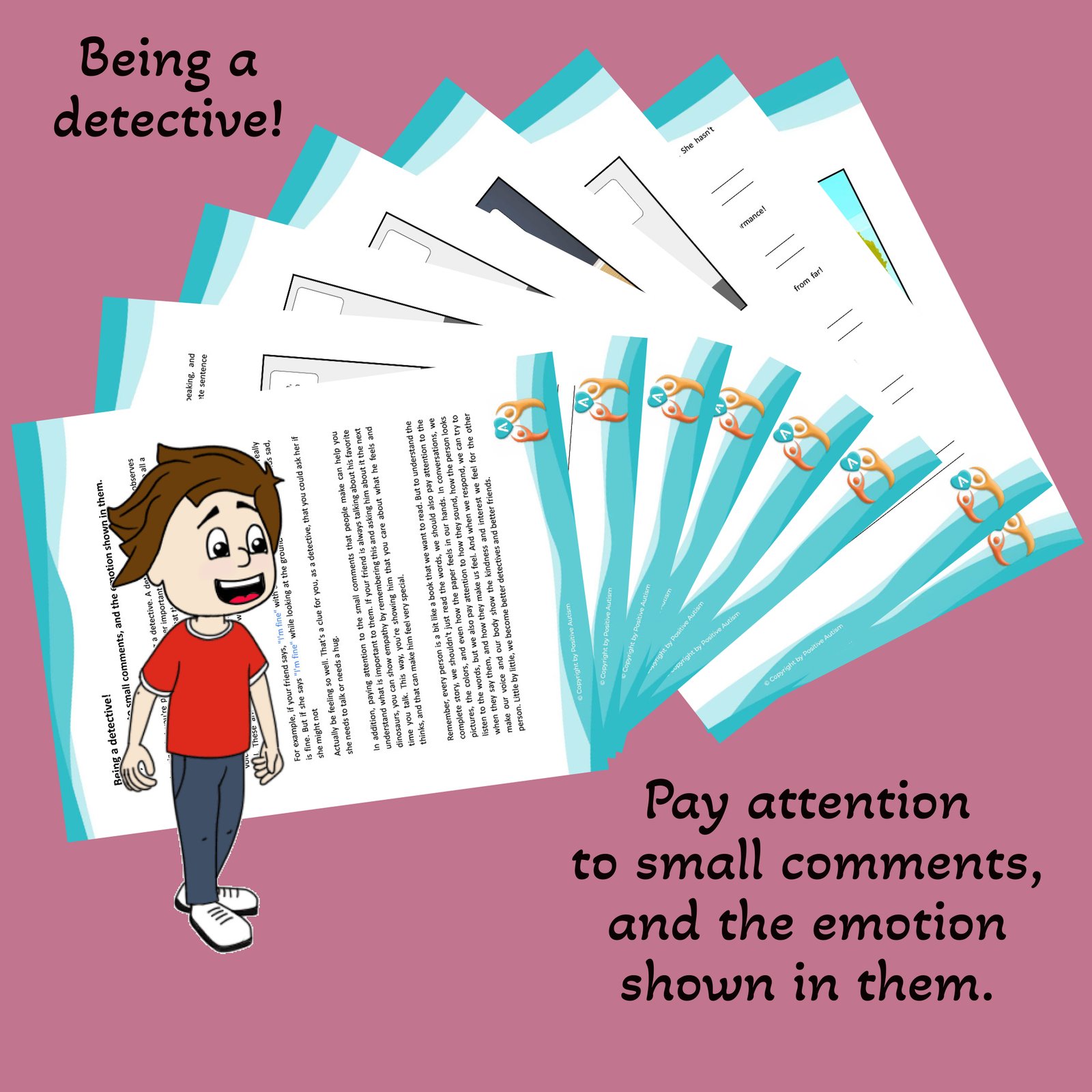 ¡Ser detective! Presta atención a los pequeños comentarios y a la emoción que se muestra en ellos. (Hojas de trabajo para enseñar habilidades de conversación a niños autistas)