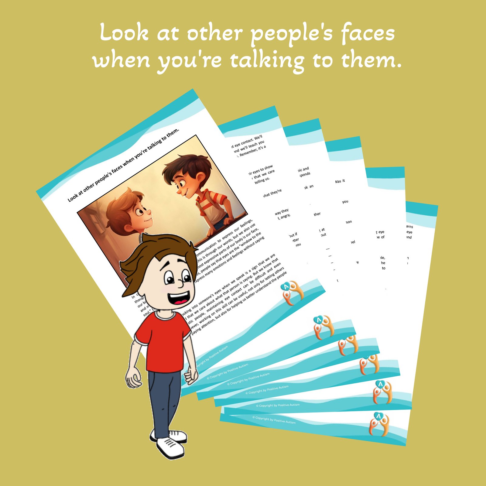 Mira las caras de otras personas cuando les hables. (Hojas de trabajo para enseñar habilidades de conversación a niños autistas)