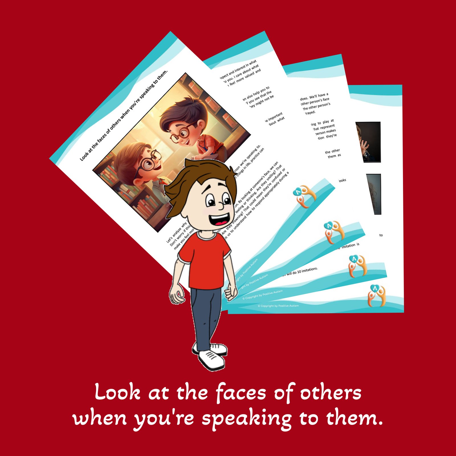 Mira las caras de los demás cuando les hables. (Hojas de trabajo de actividades para enseñar habilidades sociales a niños autistas)