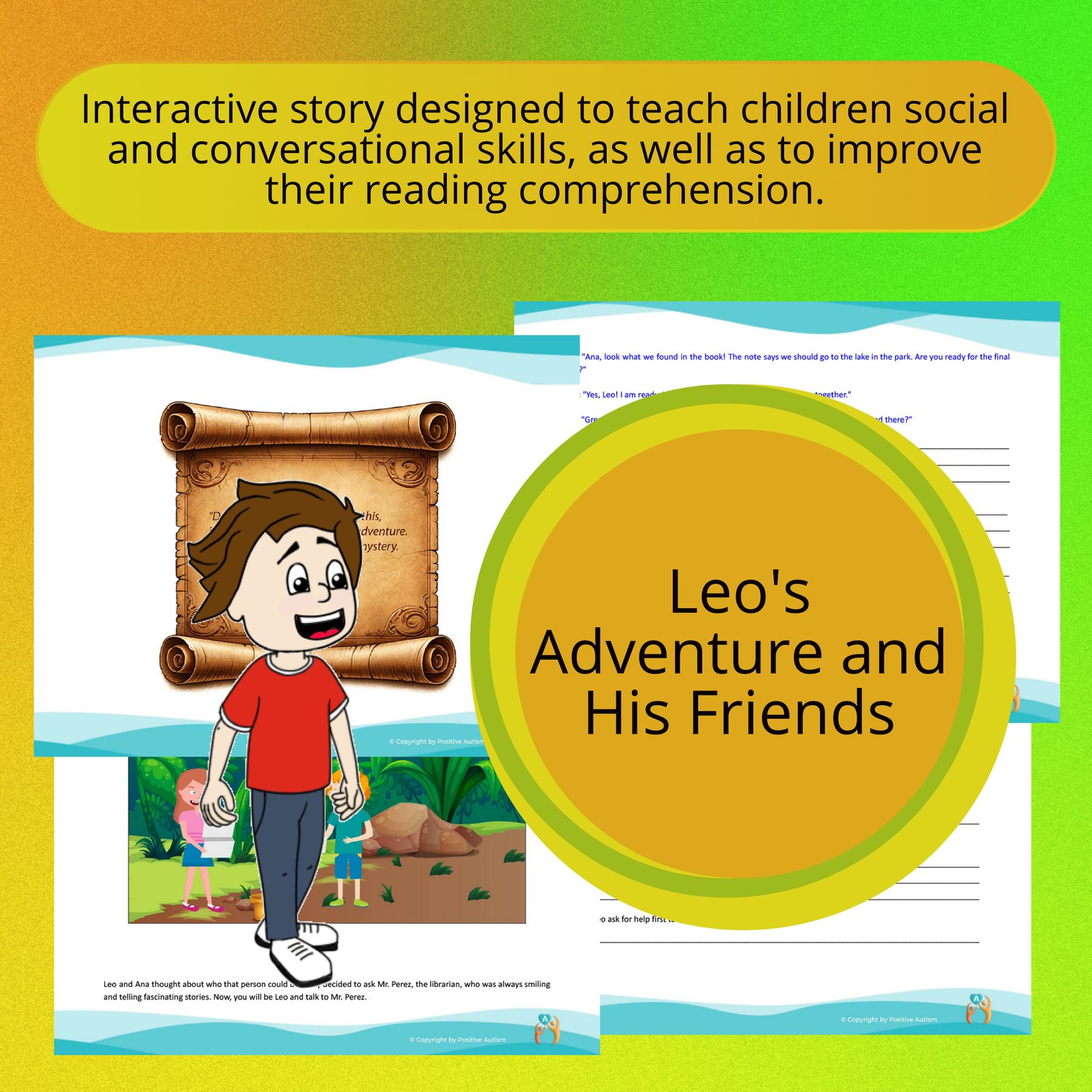 La aventura de Leo y sus amigos. (Actividad para practicar la comprensión lectora y las habilidades de conversación para niños autistas)