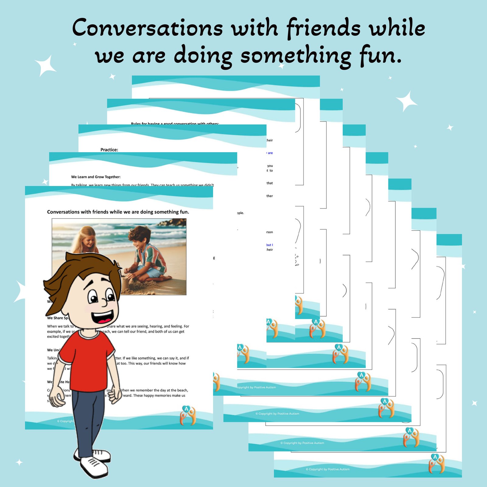 Conversaciones con amigos mientras hacemos algo divertido. (Hojas de trabajo para enseñar habilidades de conversación a niños autistas)