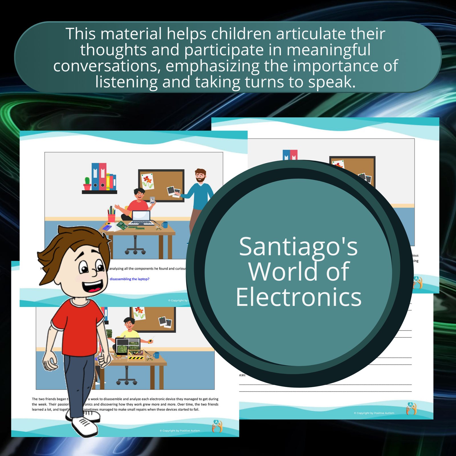 El mundo de la electrónica de Santiago. (Actividad para practicar la comprensión lectora y las habilidades de conversación para niños autistas)