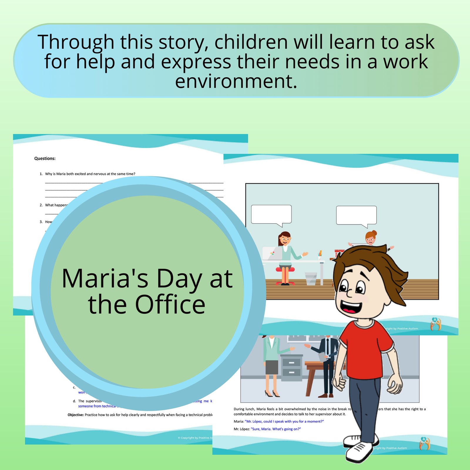 El día de María en la oficina. (Actividad para practicar la comprensión lectora, habilidades sociales y emocionales para niños autistas)