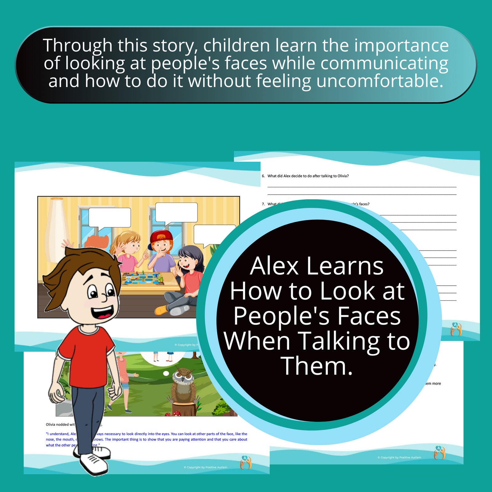 Alex Learns How to Look at People's Faces When Talking to Them. (Activity To Practice Reading Comprehension, Social And Emotional Skills For Autistic Children)